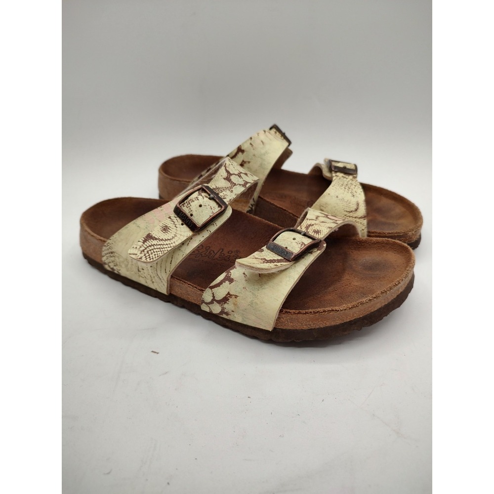 Birki's Birkenstock Womens 37 Cream Brown Snakeskin Embossed Slide Sandals